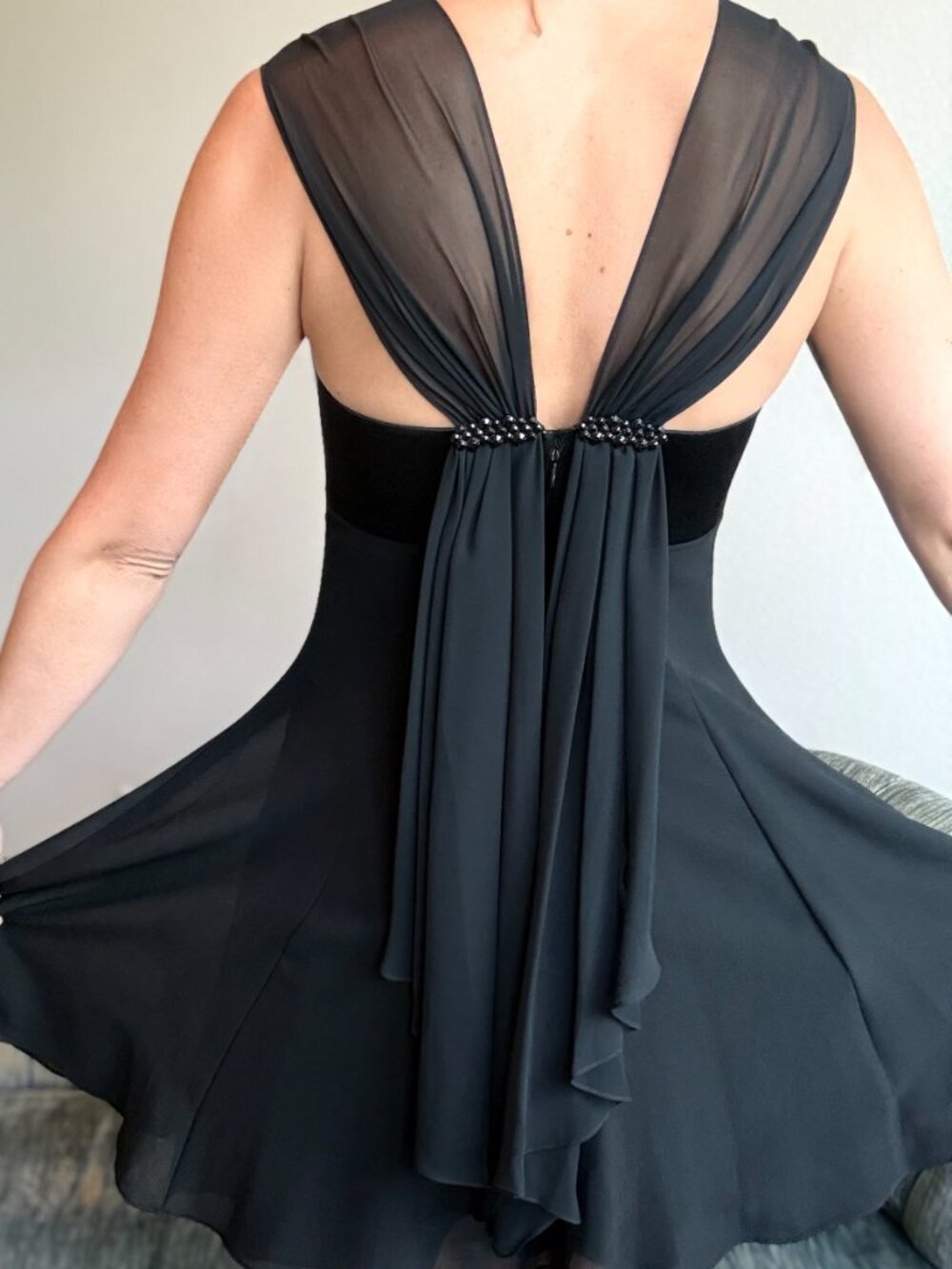 💝SOLD💝 Vintage Black Cocktail Dress Sheer Open Back Fit Flare 2 Chiffon - Picture 8 of 12